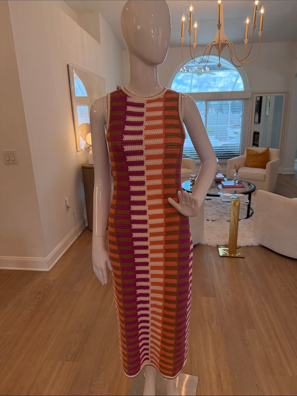 Sleeveless Crochet Midi Dress in Pink, Orange, Cream & Brown